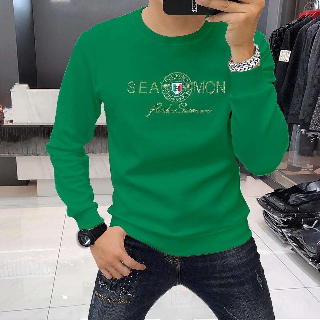Stylish Rhinestone Men's Long Sleeve Round Neck Shirt - Comfortable, Versatile, Velvet-Thickened for Autumn and Winter.