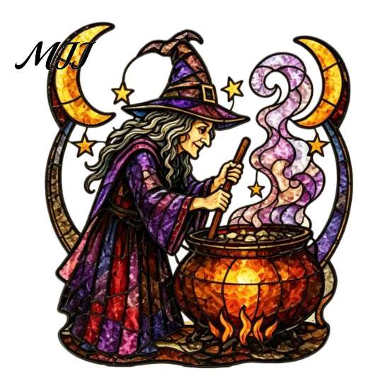 Spooky Home Window Ornaments Halloween Witch And Medicine Cauldron Sticker, Stained Glass Effect PVC Decal Removable Party Supplies for Doors