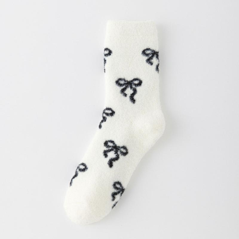 Sock Children's Mid-length Winter and Autumn Thickened Fleece-lined Warm Floor Socks with Bows, Versatile for Home Use and Sleepwear, for Women.