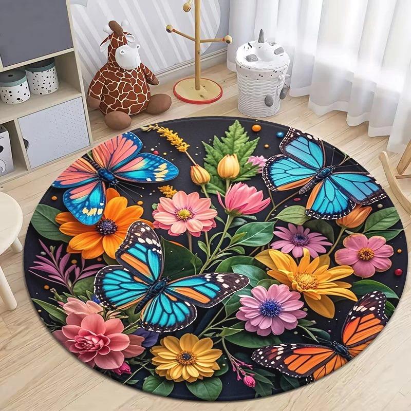 Dense Floral Butterfly Round Soft Non-Slip Art Rug Bohemian Living Room Minimalist Decor Rug