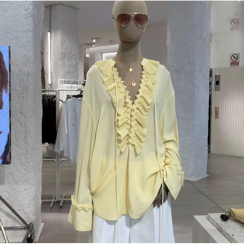

Fashion Style Fashion Ruched Lace Casual Loose Long Sleeves Chiffon Shirt Tops Loose Shirt Shirt Shirt Yellow L