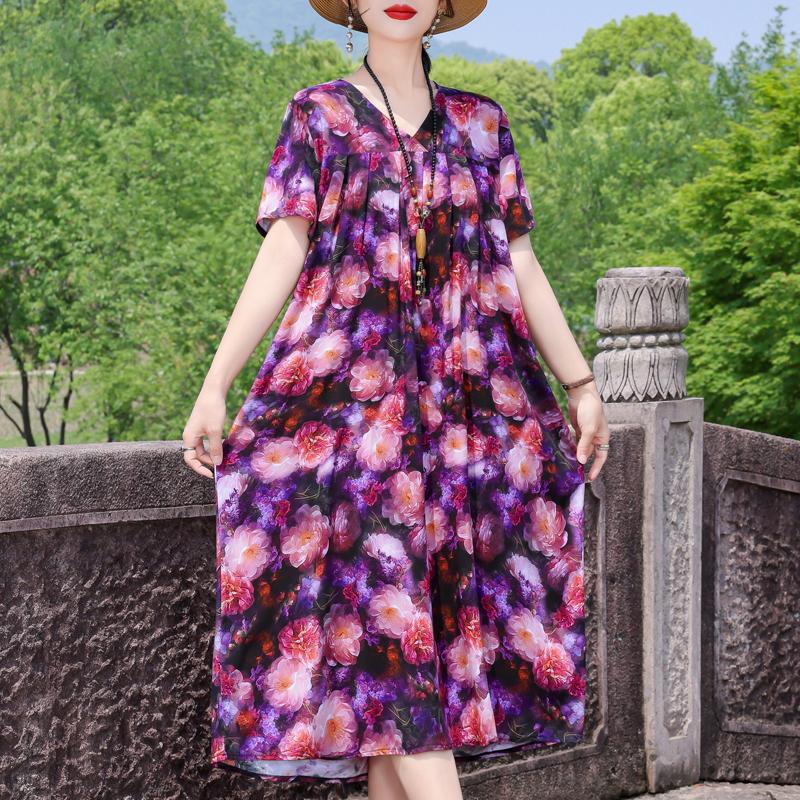Elegant Women's Summer Dress Plus Size Short Sleeve Casual Loose Long Dresses Vintage Clothes