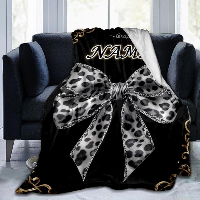 1PC Custom Name Leopard Print Bow outdooor Flannel blankets Throw Blanket All-Season Throw Gift Bedspread for Couch, Bed, Camping Holiday Birthday gif