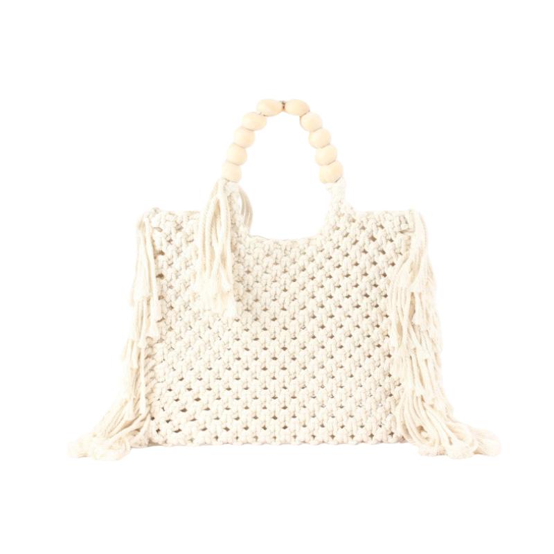 

2025 Cotton Rope Handmade Woven Handbag for Women Trendy Bead Handle Hollow Out Design Tote Bag Versatile Shopping Bag белый