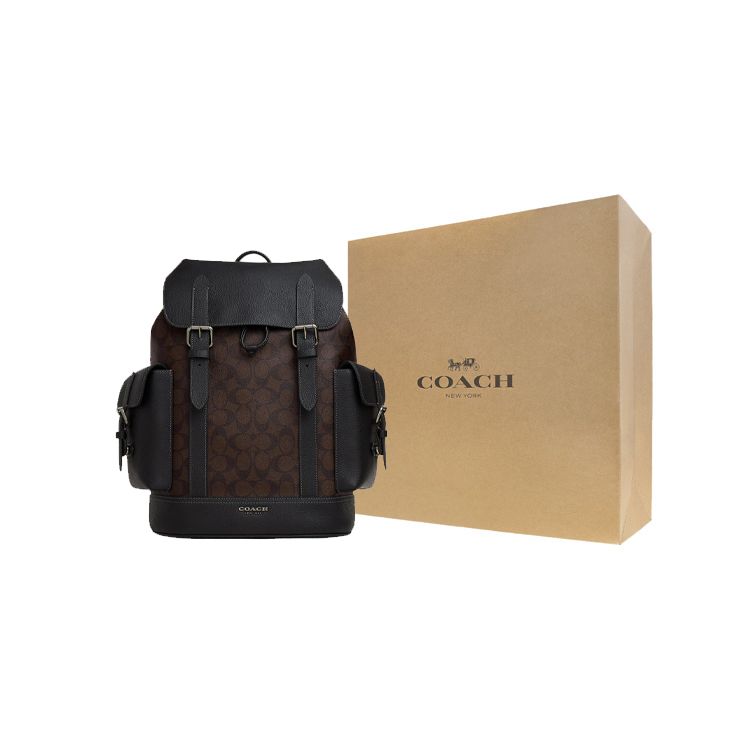 Coach Hudson 30 Large Capacity Flap Drawstring Closure Coated Canvas And Leather Backpack Men Backpack Brown Black CB839-QBMAH