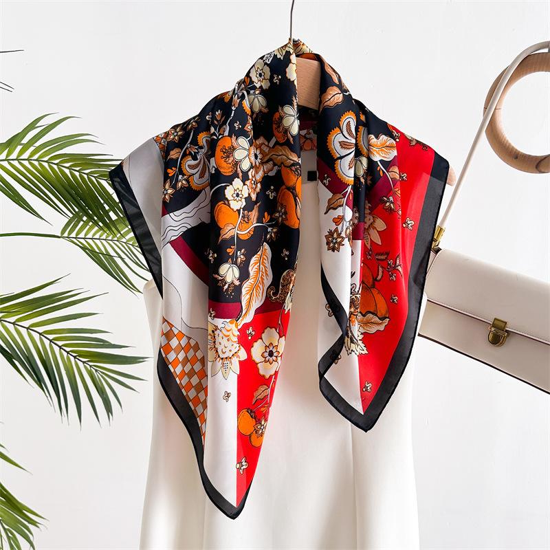 New floral small square scarf imitation silk scarf headscarf women's spring and summer scarf printed neck protection scarf professional scarf