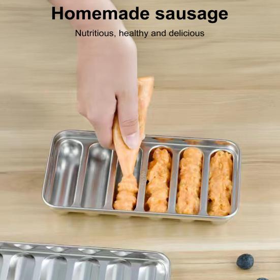 Rustfritt Stål Pølseform 6 Hulrom Hot Dog-form for Hjemmekoking Non-Stick Bakeverktøy for Barnemat Pølsemaker med Lokk