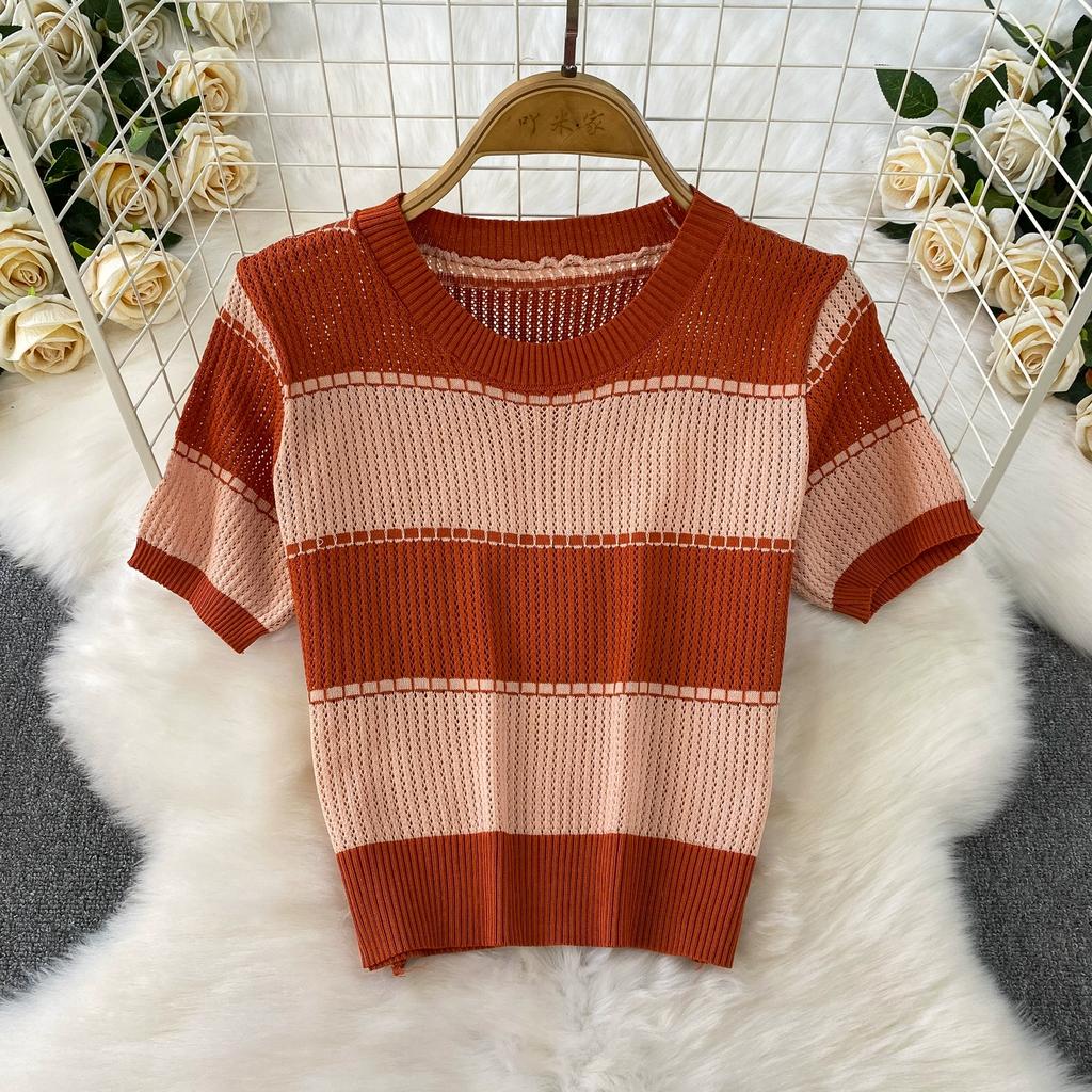 Summer Women Chic Striped Knitted Sweater Trouser Two Piece Set Short Sleeve Pullover Tops and Wide Leg Pant Suit