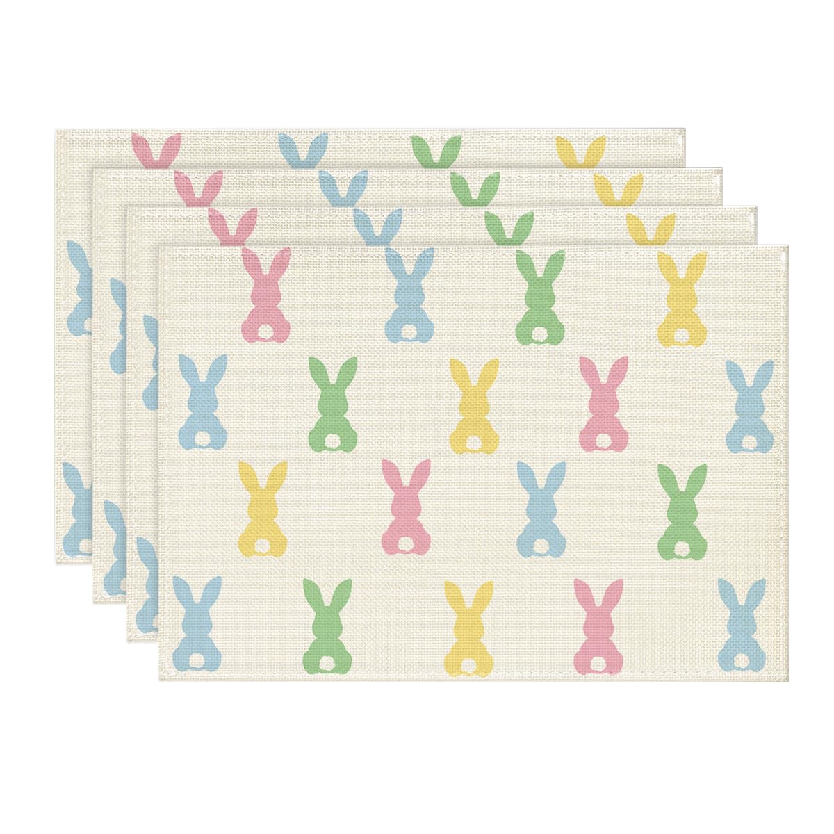 

Colorful Bunny Rabbit Easter Placemats Set of 4, 12x18 Inch Seasonal Table Mats for Party Kitchen Dining Decoration 12 x 18 , Rectangular 4 Pcs
