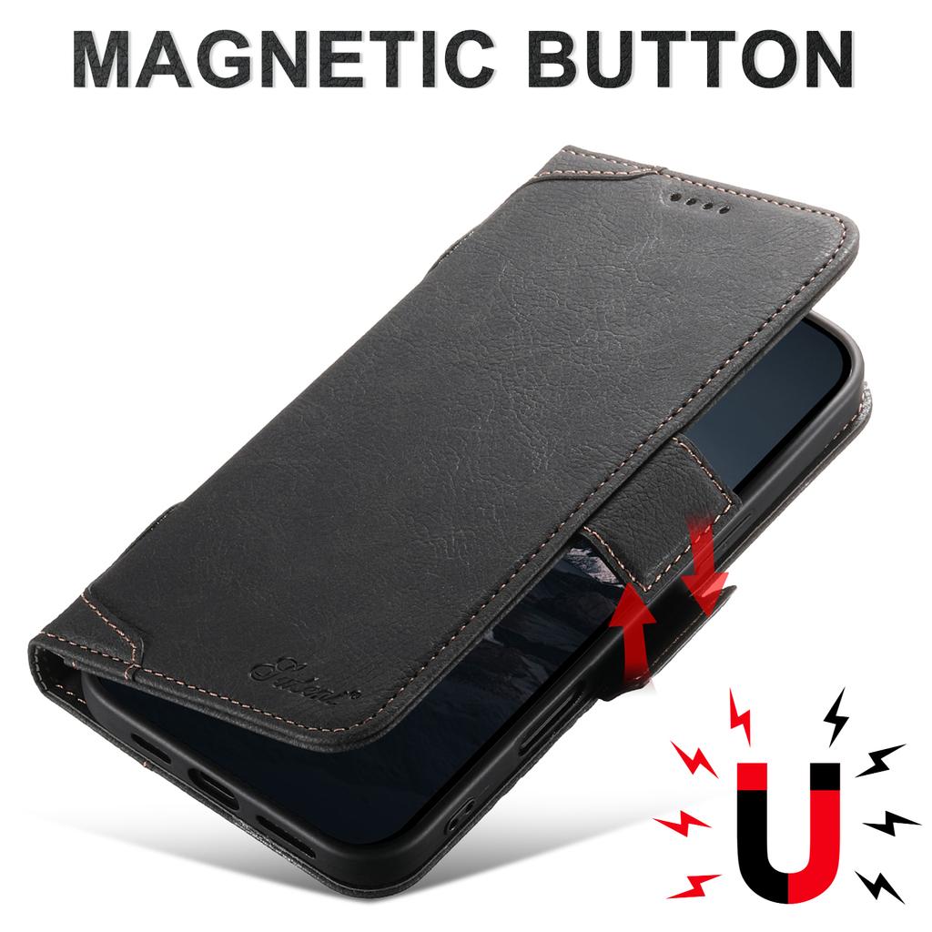 SUTENI J07 For iPhone 16 Pro Max Case Compatible with MagSafe Litchi Texture Leather Wallet Phone Cover