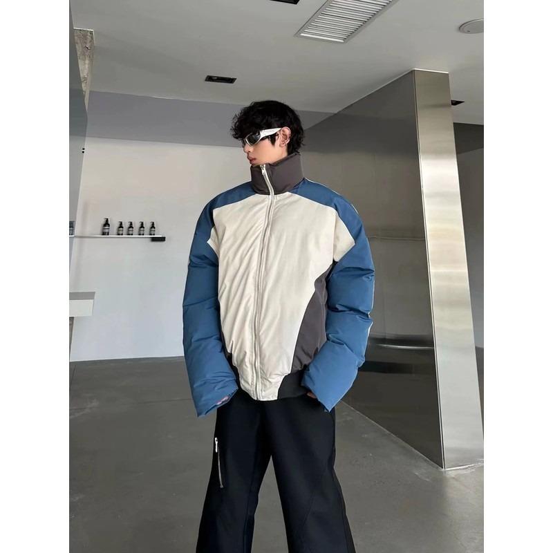 

Unisex Retro Color Block Stand Collar Thick Cotton Jacket - Casual Winter Outerwear Large синій
