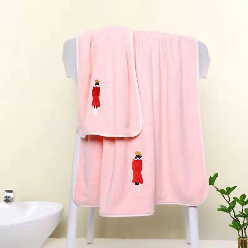 High-density Coral Fleece Embroidered Bath Towel Towel Two-piece Set Soft and Quick-drying Absorbent Beach Towel Cute Household Wrap Towel