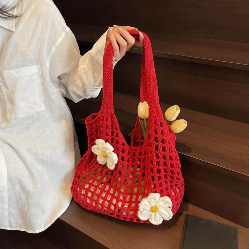Retro Flower Knitted Tote Bag Large Capacity Woolen Crochet Handbag Eco-Friendly Lightweight Hollow Shoulder Bag Summer