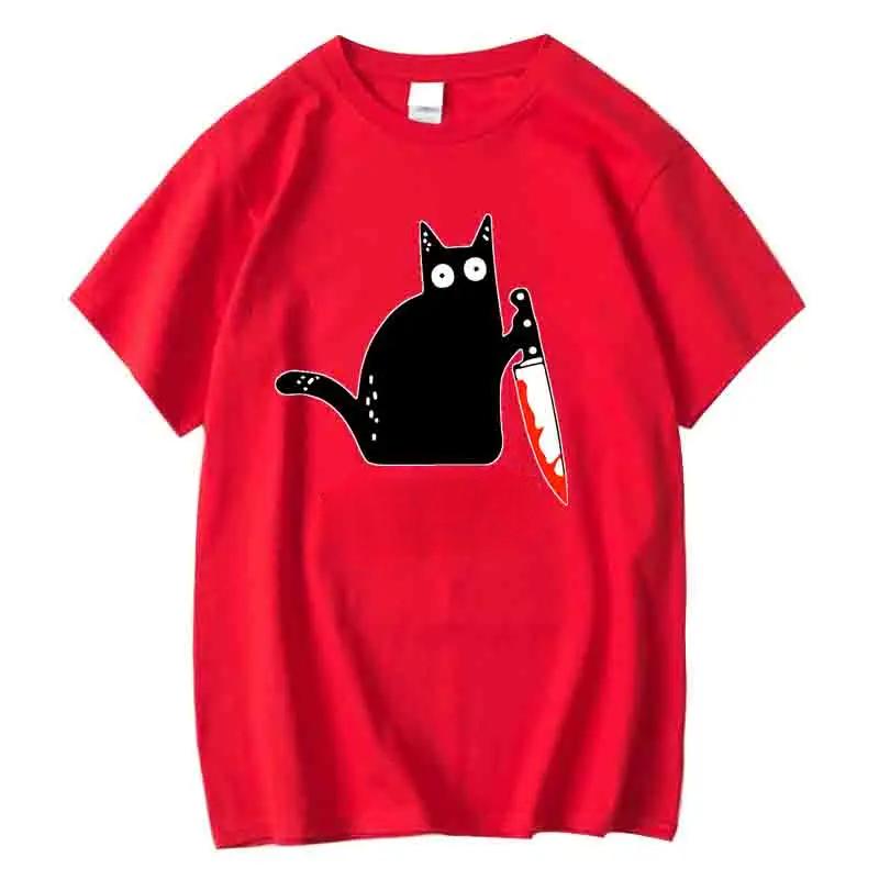 Funny Cartoon Knife Cat Printed T-Shirts Men Fashion Casual Short Sleeves Loose Breathable Pure Cotton T-shirts