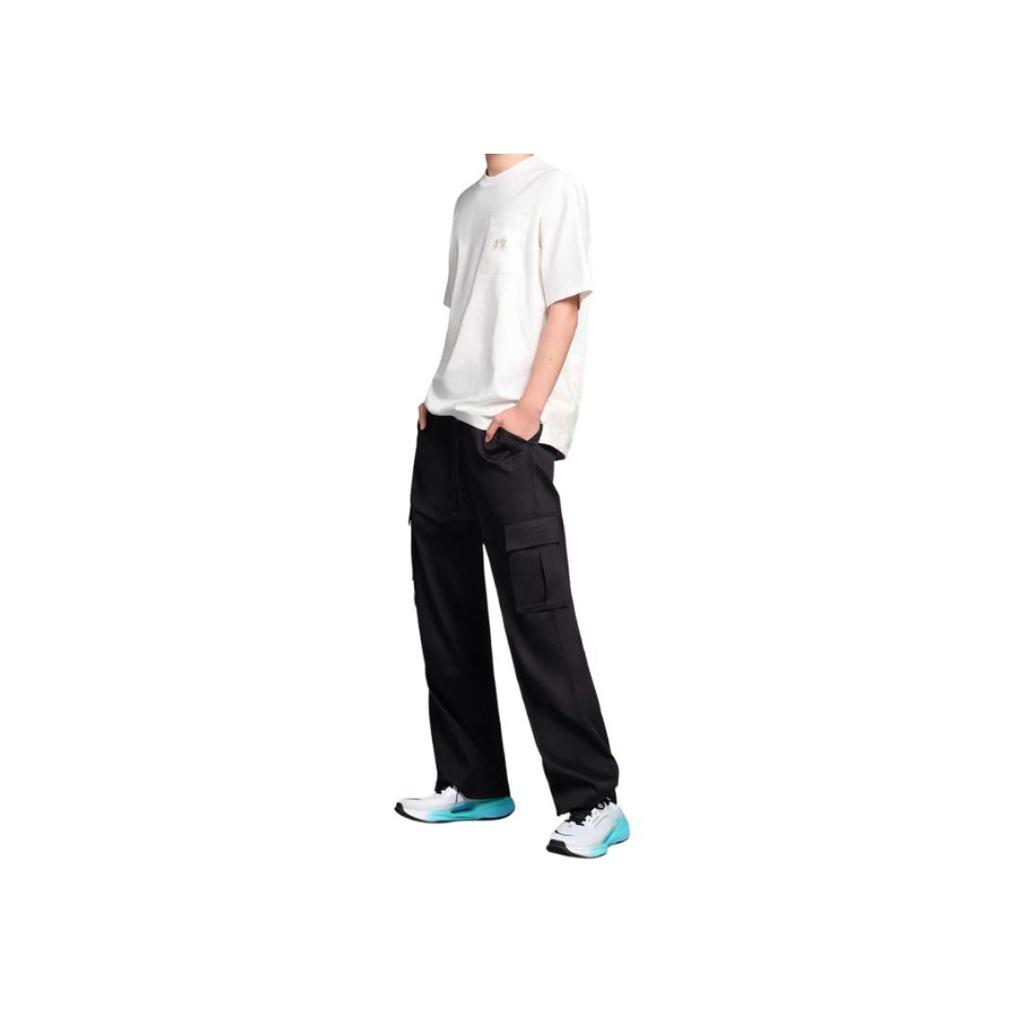 Li Ning Chinese Culture Series Solid Color Mid Waist Drawstring Comfortable Breathable Straight Leg Casual Pants Unisex Bottoms Black AKXU185-1