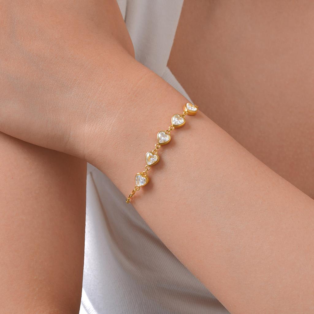 Fashion 18K Gold Stainless Steel Lip Chain 5 Zircon Heart Bracelet Ladies 2565