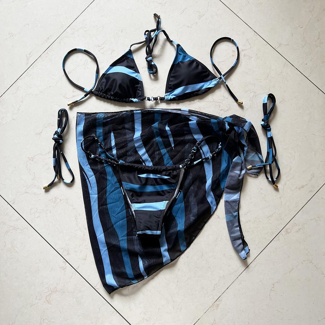 

Мода Новинка С Саронг Печатный Обертывание Бикини Женщины Купальники Женский Купальник Три Части Бикини Комплект Купальник Купальный Костюм Плавание S синий