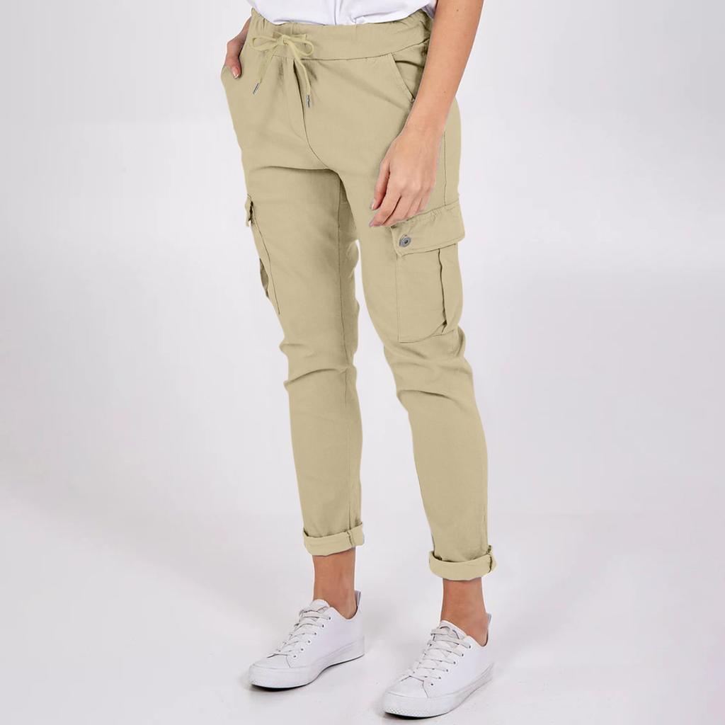 Women's Fashion Button Pocket Drawstring Elastic Waist Casual Pants