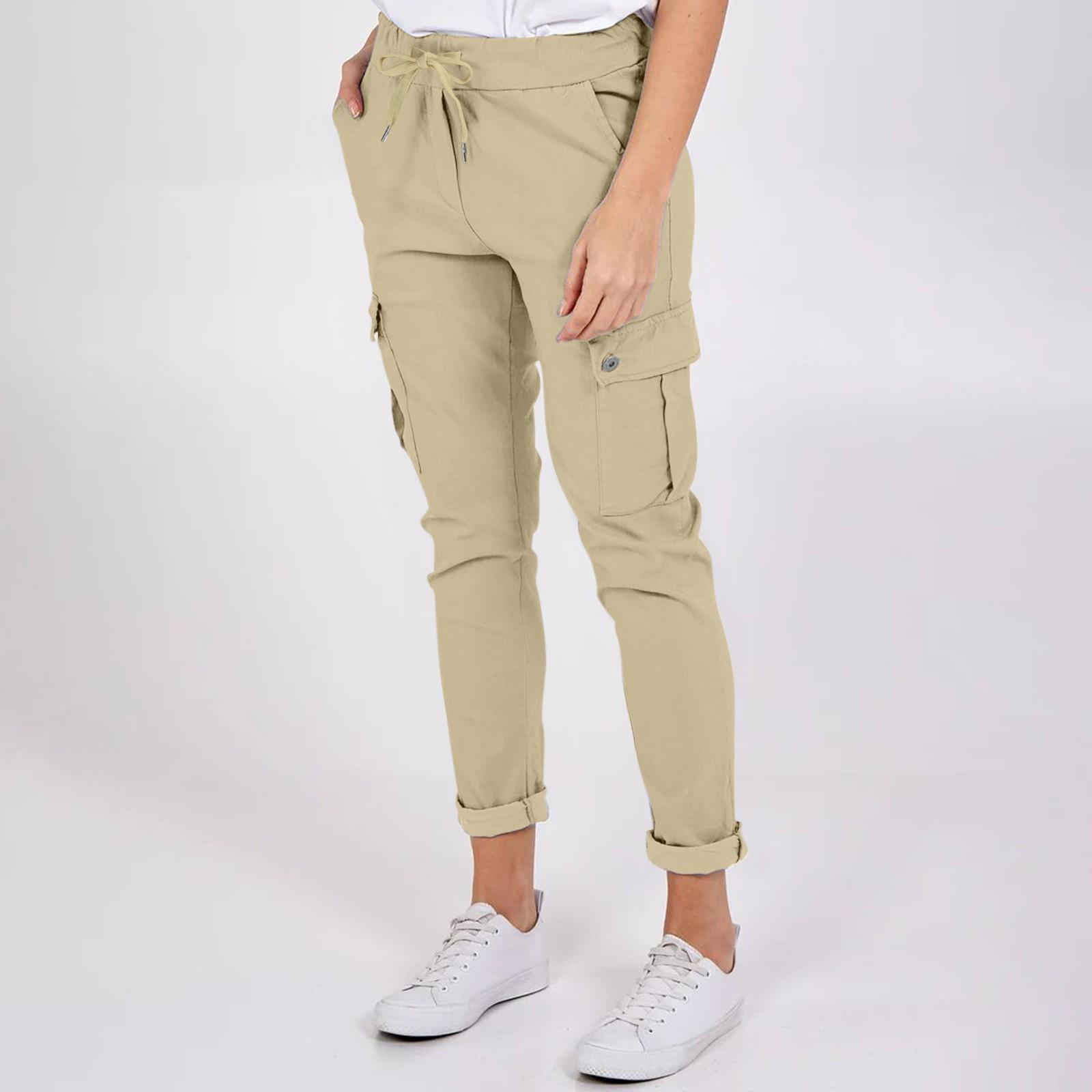 

Women s Fashion Button Pocket Drawstring Elastic Waist Casual Pants L хакі
