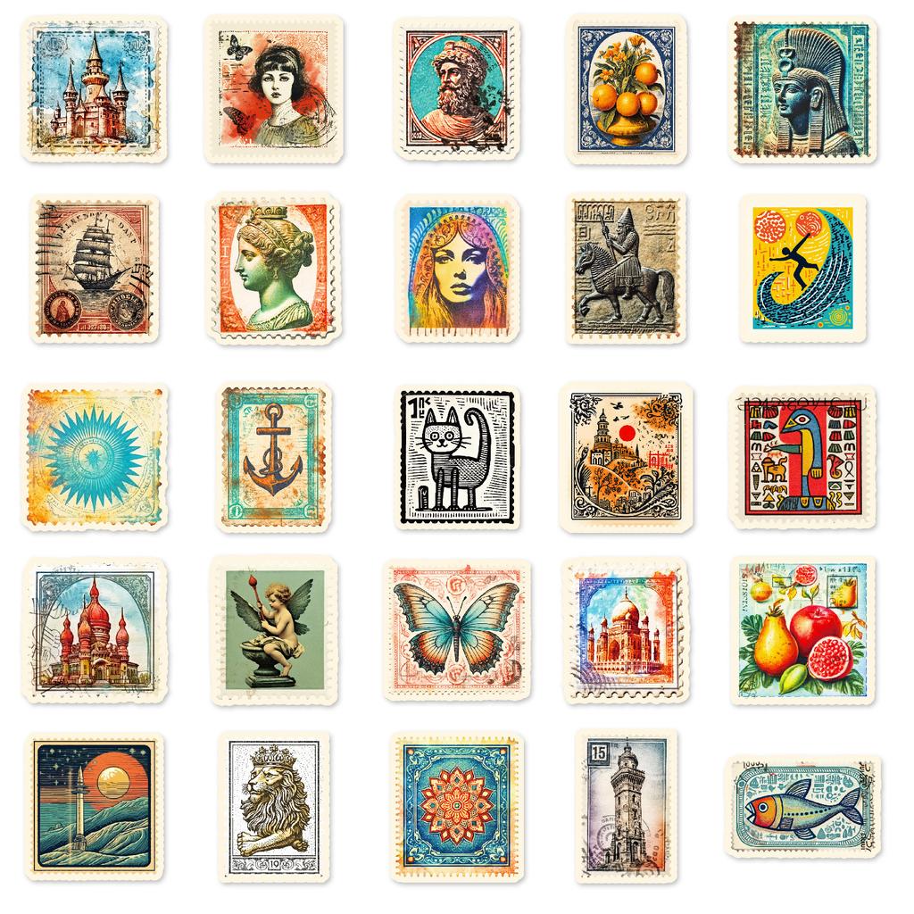 50Pcs Vintage Stamp Graffiti Stickers - Nordic Style Creative Decals for Journal & Item Decor