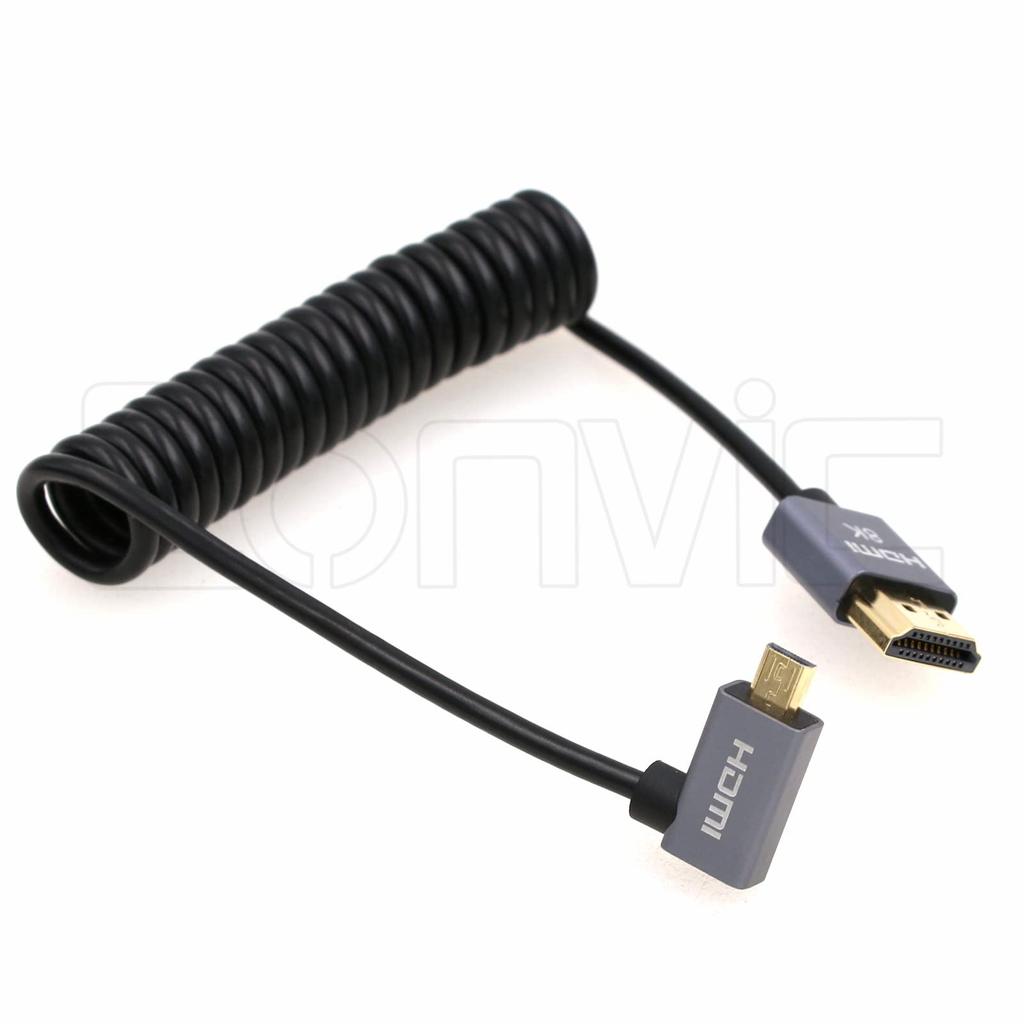 Eonvic 8K HDMI to Micro HDMI Right Angle High Speed 48Gbps Coiled Cable for Atomos Ninja 48Gbps Canon and R6 2.1 Cable, V, 4K-60P Recording, HDMI,