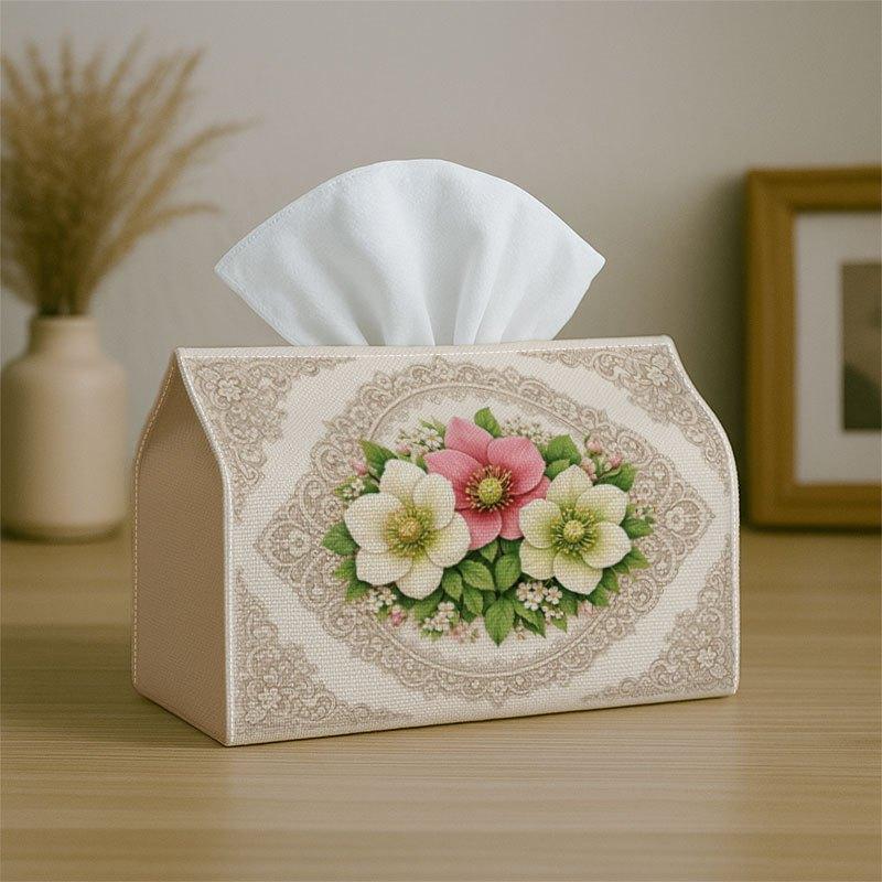 2D Flat 1pc Classic Victorian Floral Decorative Pink White Flower Scrollwork Tissue Box with Storage Organizer for Home, Kitchen, Car, Spill-Resistant