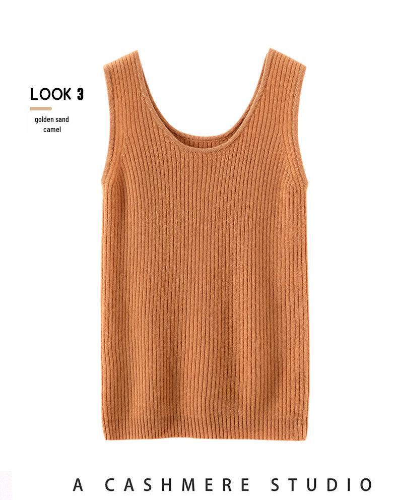 Women's U-Neck Cashmere Vest - Autumn/Winter 2023, Slim, Ribbed, Sleeveless with Wide Straps