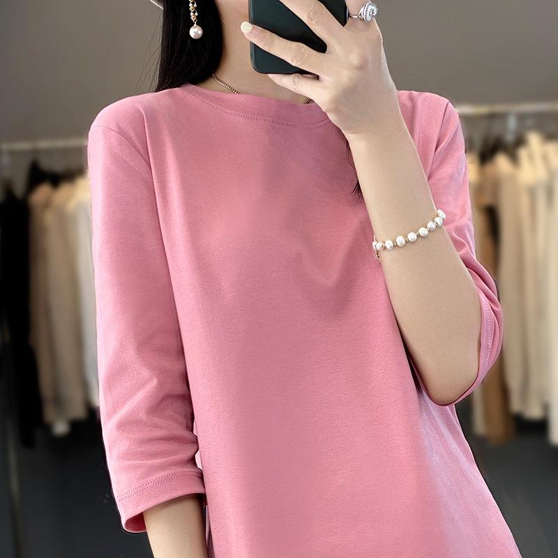 Mercerized Cropped Sleeve Female Spring and Summer Round Neck Loose Short Sleeve Bottoming T-Shirt