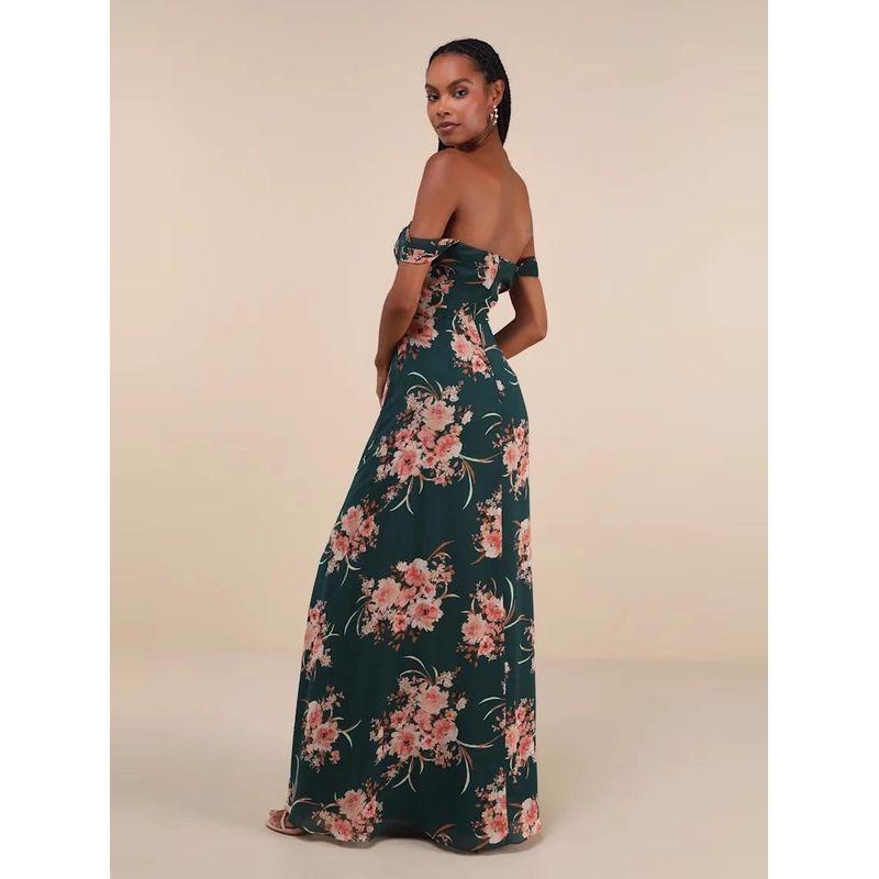 Export Lu Family Banquet Party Word Collar Sexy Exquisite Print Holiday Chiffon Split Island Retro Dress