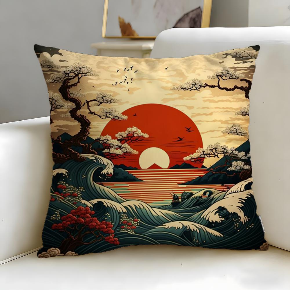 Classic Art Theme Japanese Waves Cushion Cover Soft  EasyWash Pillow Case  Versatile for Couch Bed Travel and Office