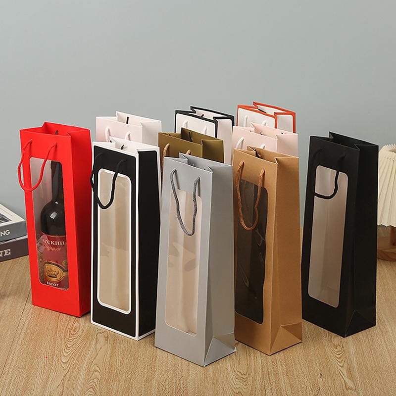 Neue einzelne rote Weintragetasche Fenster Transparentes PVC Kraftpapier Blume Puppe Rechteckige Geschenkverpackungstasche