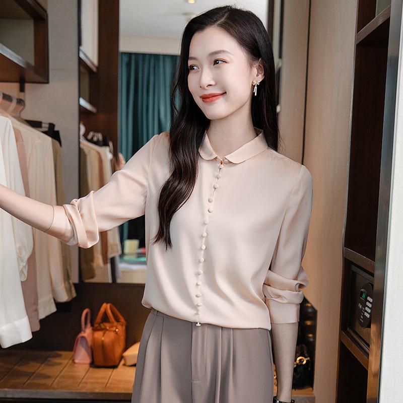 

Women s Long Sleeve Mulberry Silk Shirt - Solid Color, New Spring/Autumn 2025 Fashion, Elegant Design (A3630) XXL світло-рожевий колір