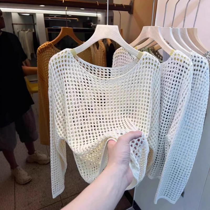 Mesh Vintage Harajuku Long Sleeve Women Sweater Korean Spring Summer Knitwear Soft Thin Tops Chic Solid Femme Sweater