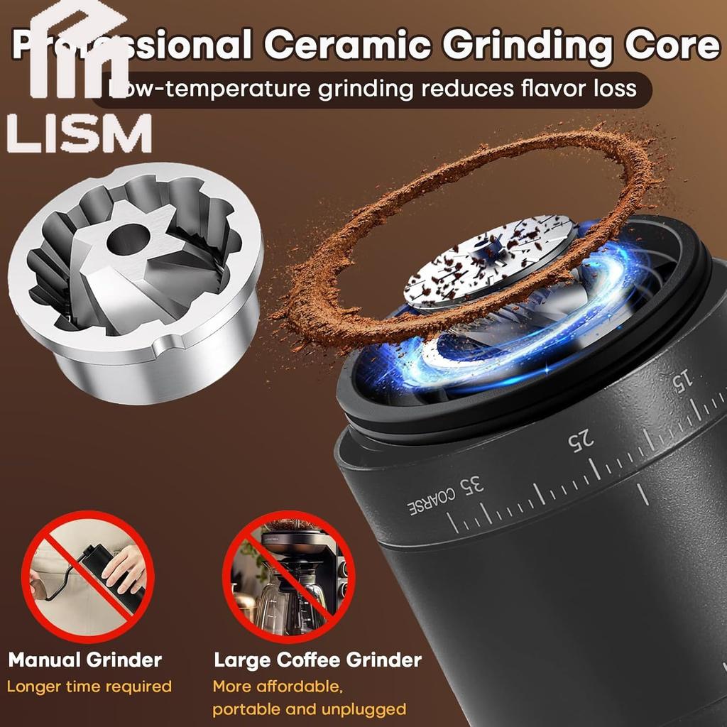 Portable Electric Coffee Grinder Rechargeable Office 38 Adjustable Grinding Settings LED Battery Indicator Shows Battery Power