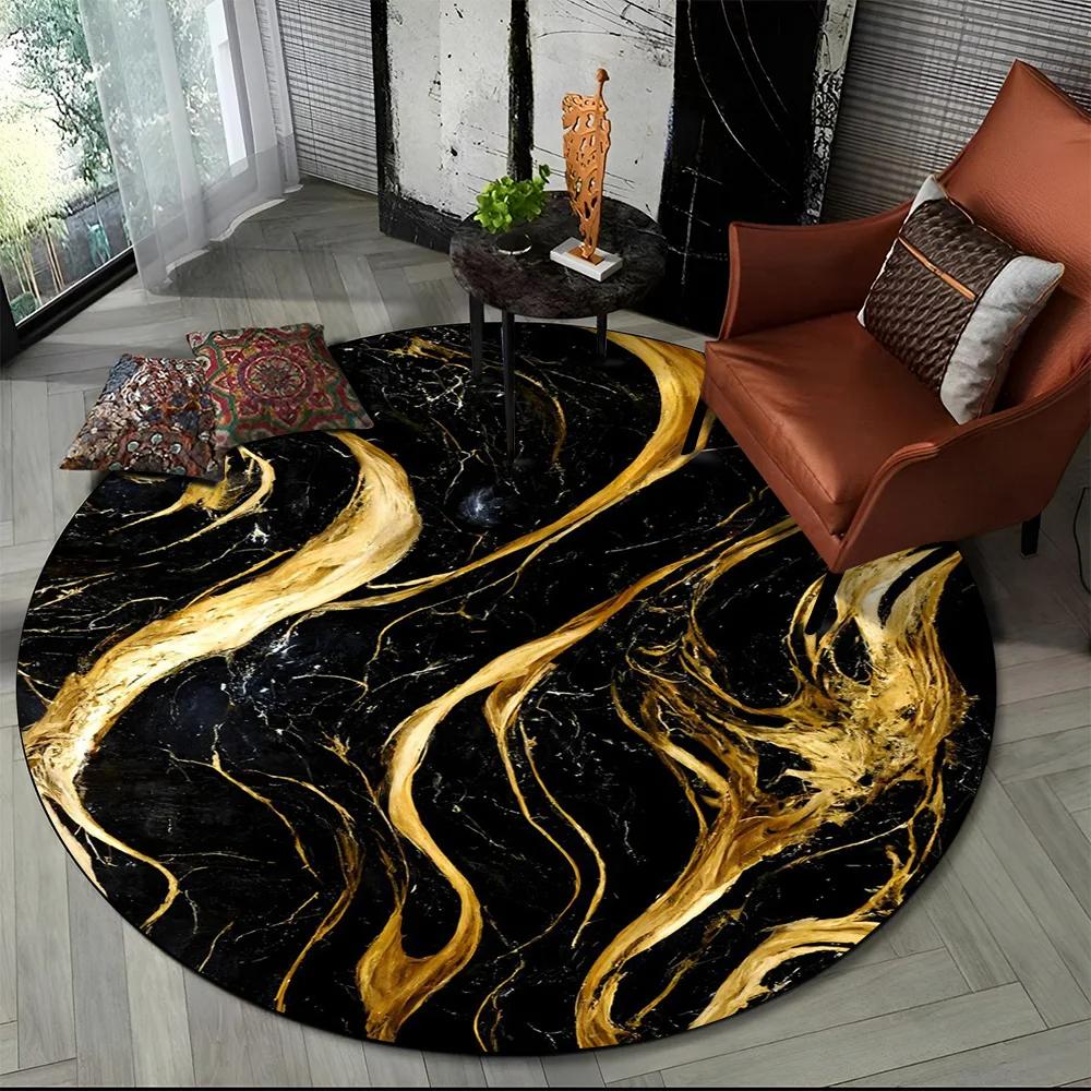 3D Luxurious Colour Marble Blue Green Gold Round Carpet Rug for Living Room Bedroom Child Chair Decor,Pet Area Rug Non-slip Mat