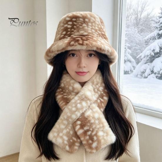 Cute Aesthetic Winter Hat Women Spotted Deer Hat, Faux Fur Bucket Scarf, Brown White Gradient Soft Cozy Furry Fisherman for Girls, Autumn Accessory