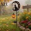 Hanging Pumpkin Halloween Decor Solar Garden Stake Light, Metal Black Cat & Moon Waterproof Spooky Bat Decorations for Lawn Patio Yard Pathway Outdoor