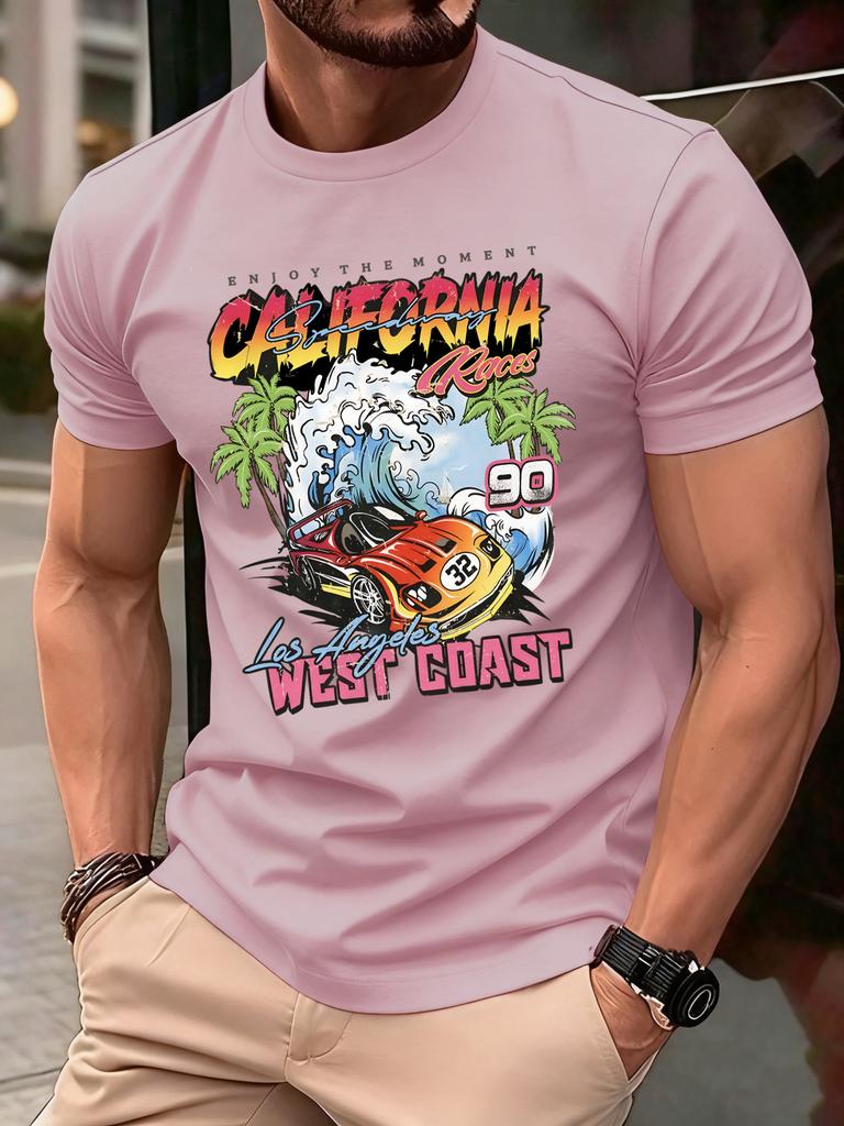 California West Coast Print Mens T Shirts Hip Hop AllMatch Tops Casual Cotton Vintage Clothes Male Loose Crewneck Streetwear