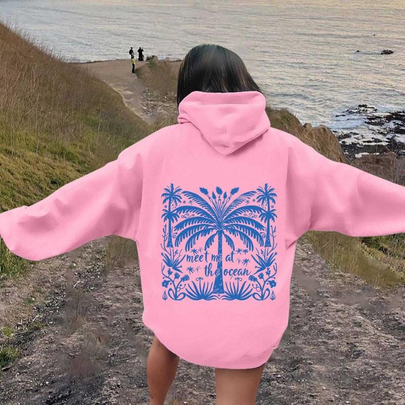 Womens Oversized Hooded Sweatshirt With Palm Tree Print Drop Shoulder Long Sleeve Fleece-Lined Casual Streetwear