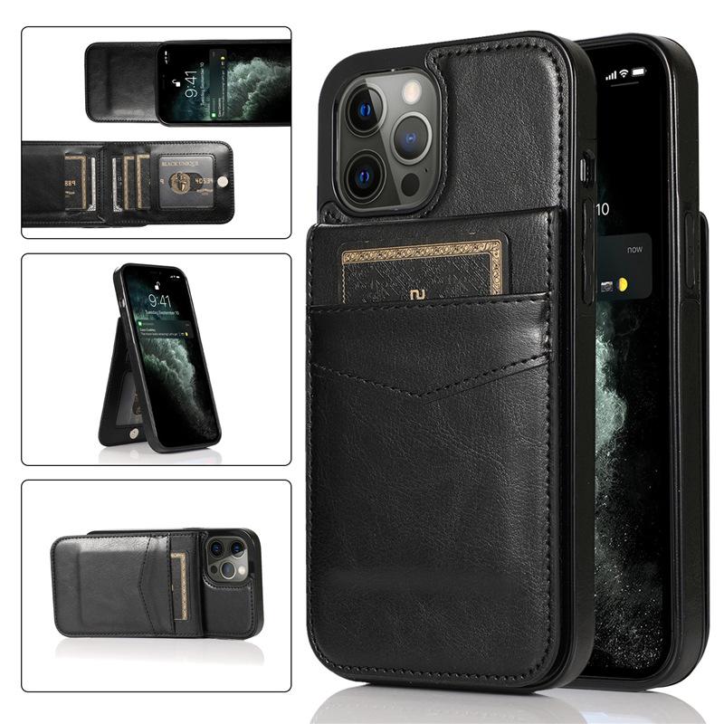 Suitable for iPhone 17 phone case, Apple 16E crazy horse pattern solid color card slot stand anti-drop phone protective case