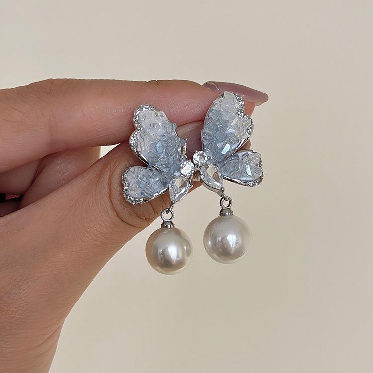 Elegant Blue Butterfly Crystal Pearl Earrings - S925 Sterling Silver