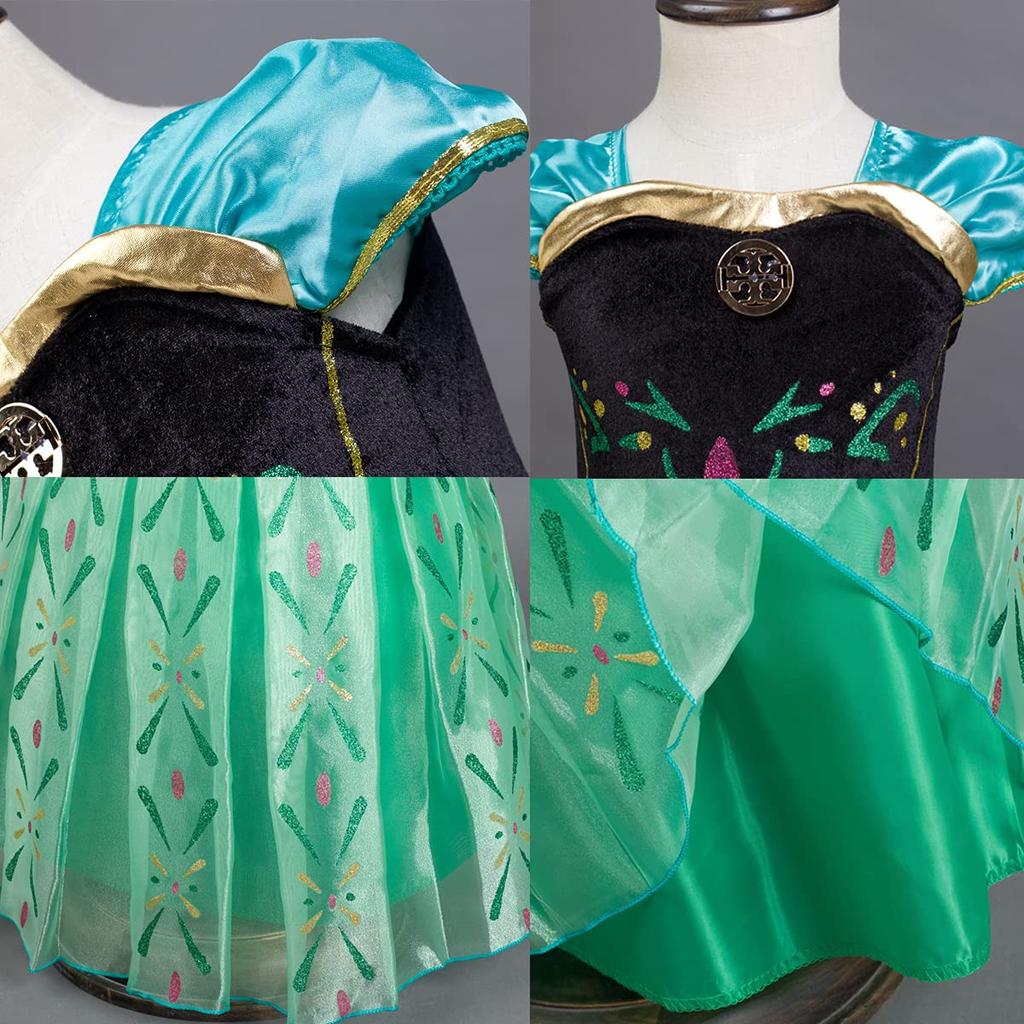 Kids Princess Elsa Dress Costume Frozen Elsa Dress Luxury Set Green Heart Magic Braided [YITING] 5-Piece - (Princess Dress, Tiara, Wand, Gloves, Wig)
