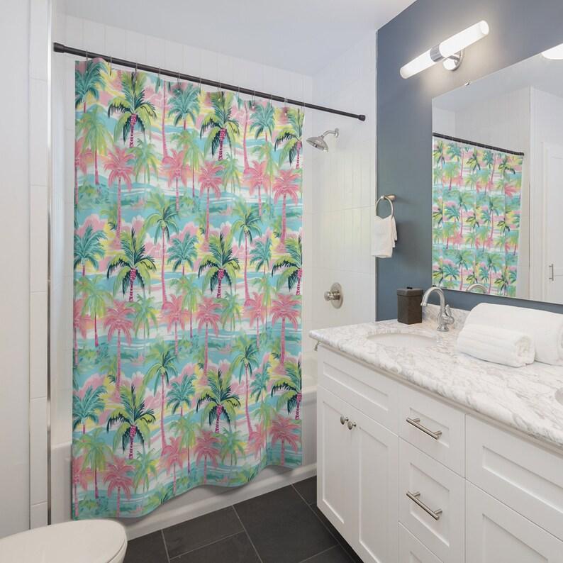 Preppy Palm Tree Shower Curtain – Tropical Coastal Design, Unique Beach Bathroom Decor