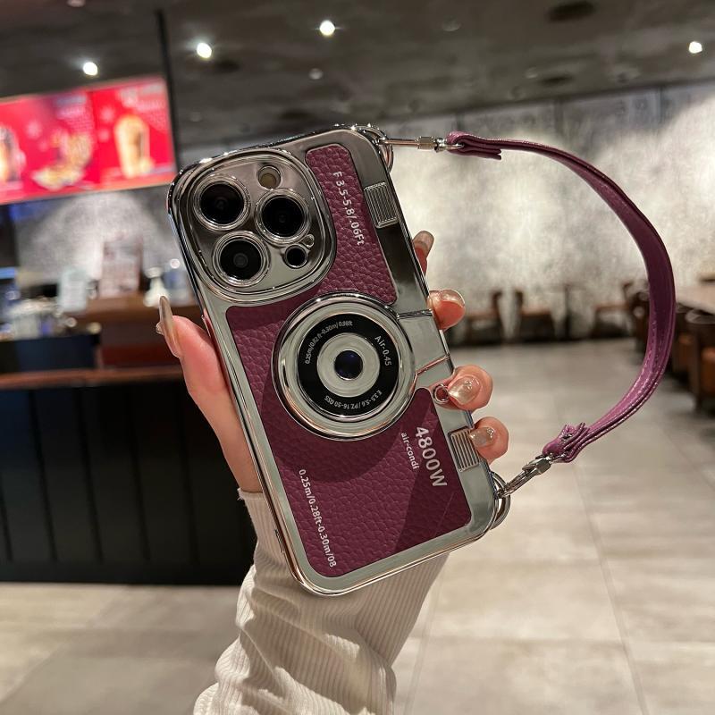 Luxury Lanyard Camera Charm Phone Case For iPhone 15 14 13 Pro Max Shockproof Cover For iPhone 15 Plus leather Case Accessories