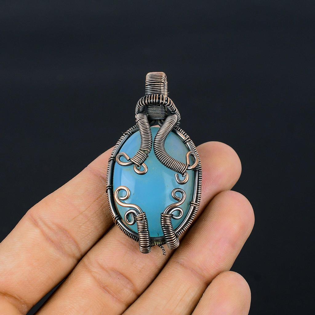 Blauer Chalcedon 999 Kupferdraht umwickelter Anhänger, Handgefertigter Edelsteinanhänger Schmuck, Geschenke für Ehefrau Brandneuer Anhänger