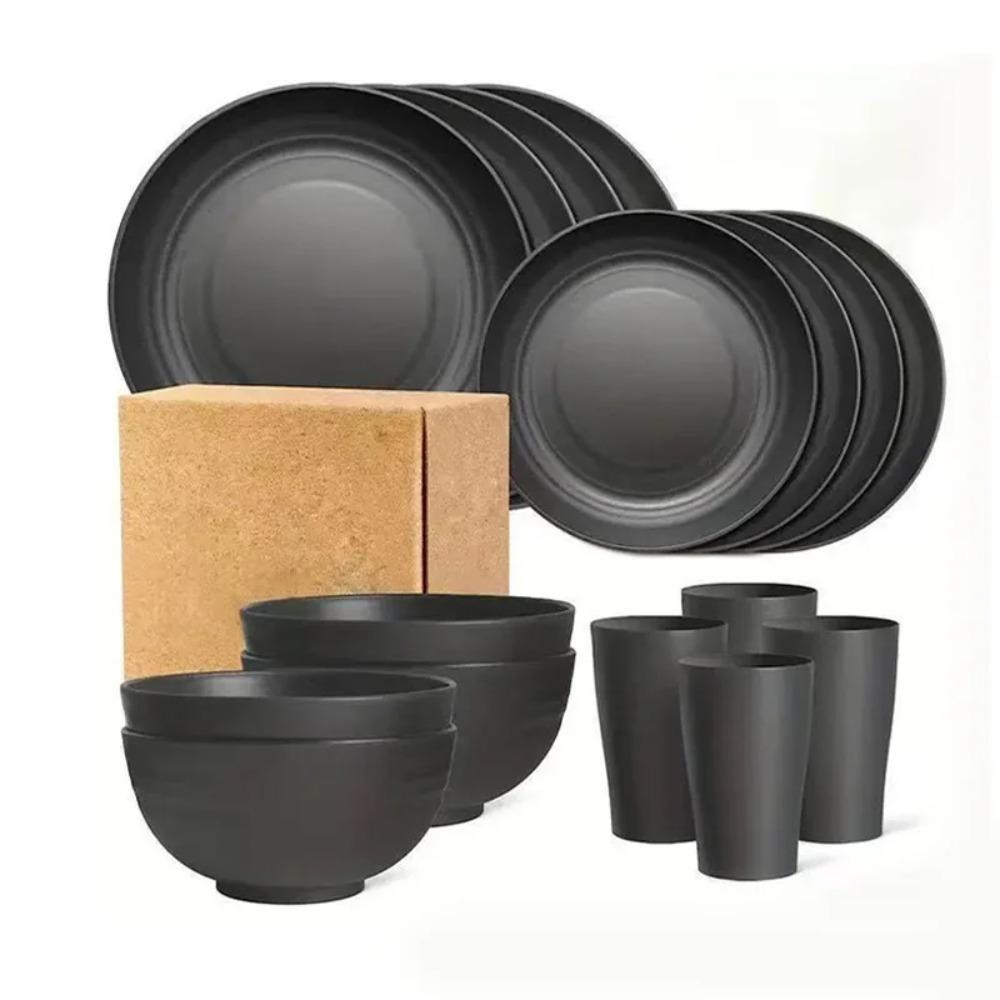 NEW 16-piece Set of Bowls, Cups and Plates, Pure Black Tableware Set, Plastic Dinner Plates and Water Cups Set Gift
