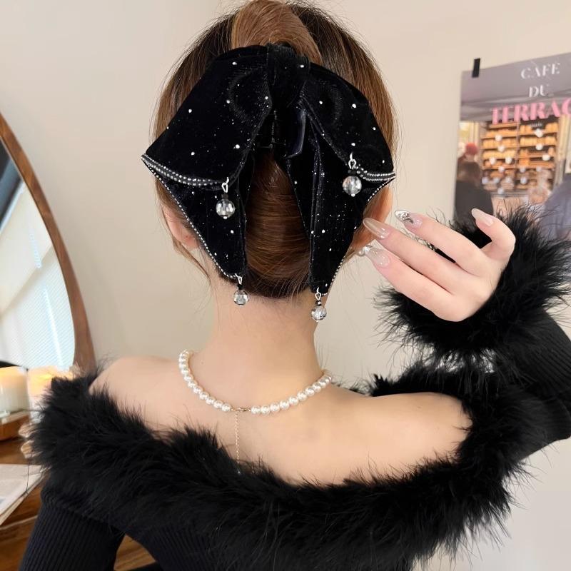 Women'S French Elegant Hair Clip Velvet Rhinestone Bow Ponytail Hair Claw Exquisite Shark Clip Fashion Hair Accessories