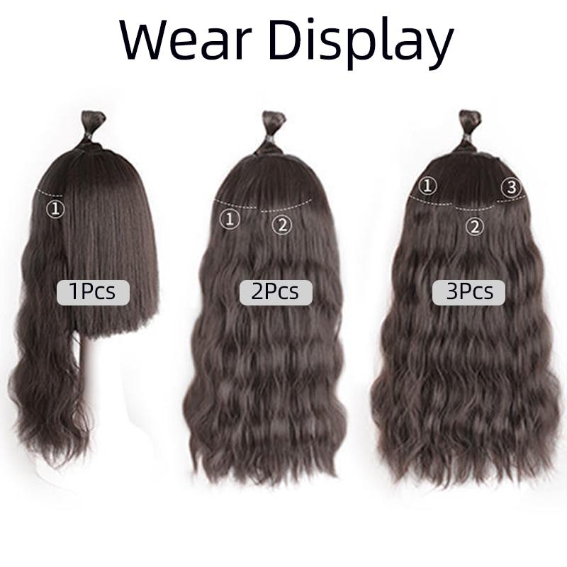 Extensii de păr sintetic, lung, drept, ondulat, ondulat, perucă falsă naturală, cu clipă pentru femeie, o singură bucată pentru femei