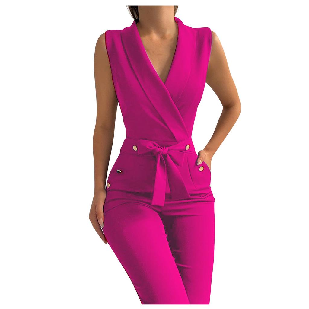 Womens Fashion Color T Wist Button V-Neck Sleeveless Slim Fit Business Jumpsuit