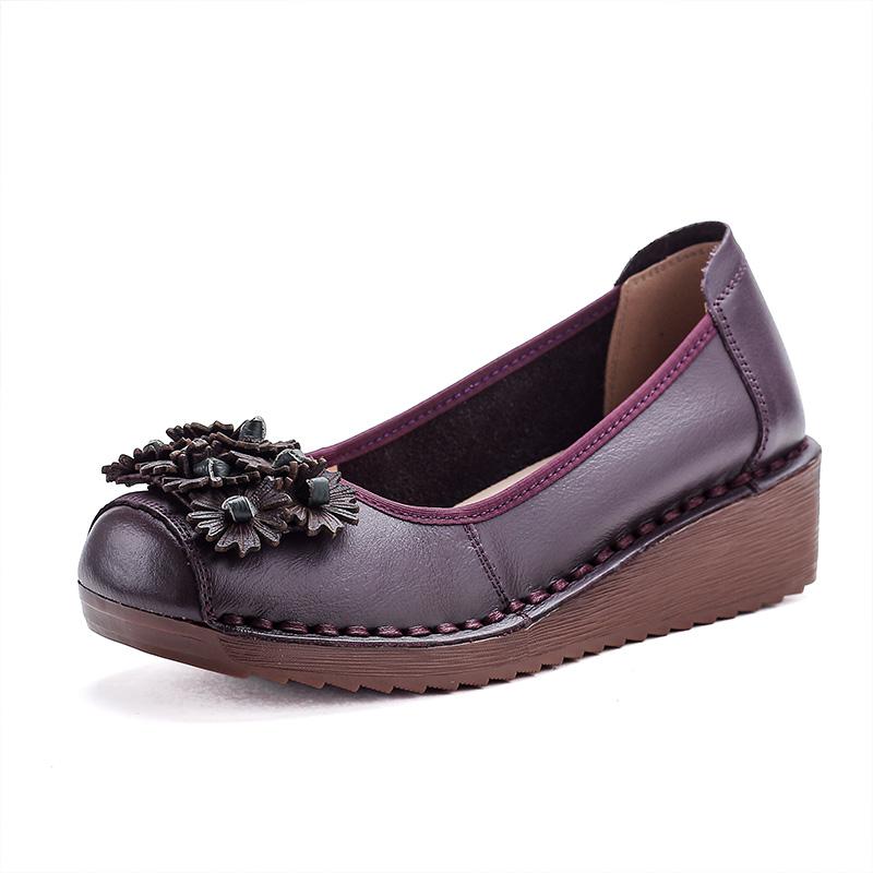 Fashion Handmade Vintage Wedged Shoes for Mature Ladies Genuine Leather Ballet Flats Woman Slip On Easy Fit Shoes Elderly Woman Moccasin